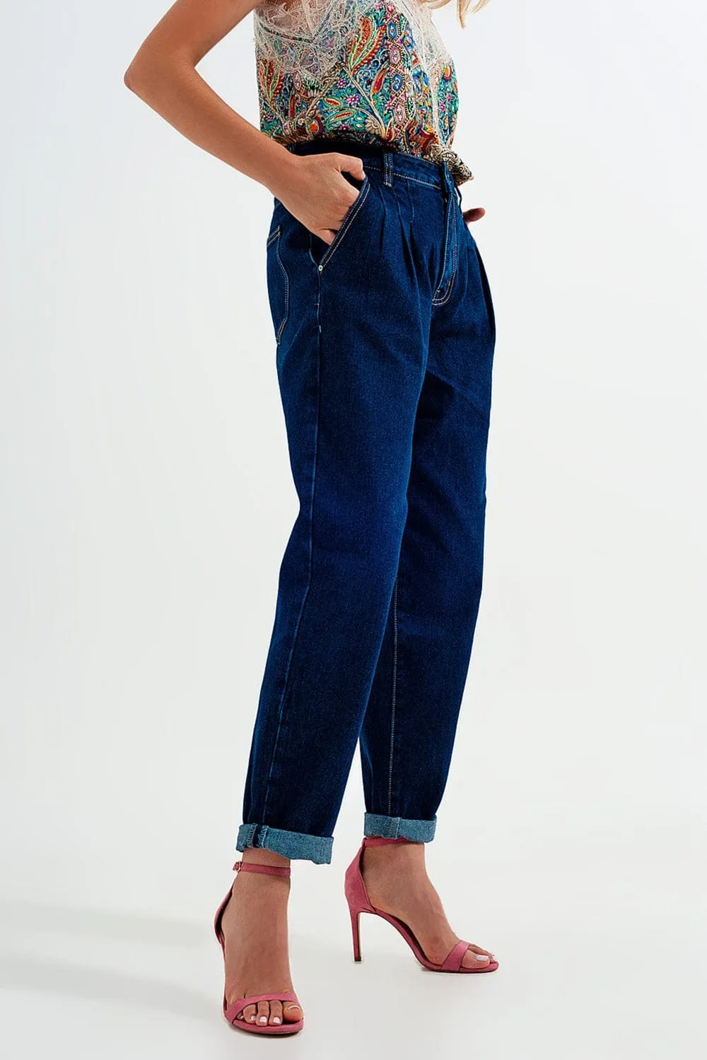 Relaxed Fit Pleat Front Jeans In Dark Blue