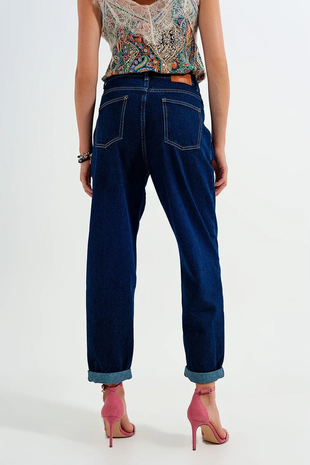 Relaxed Fit Pleat Front Jeans In Dark Blue