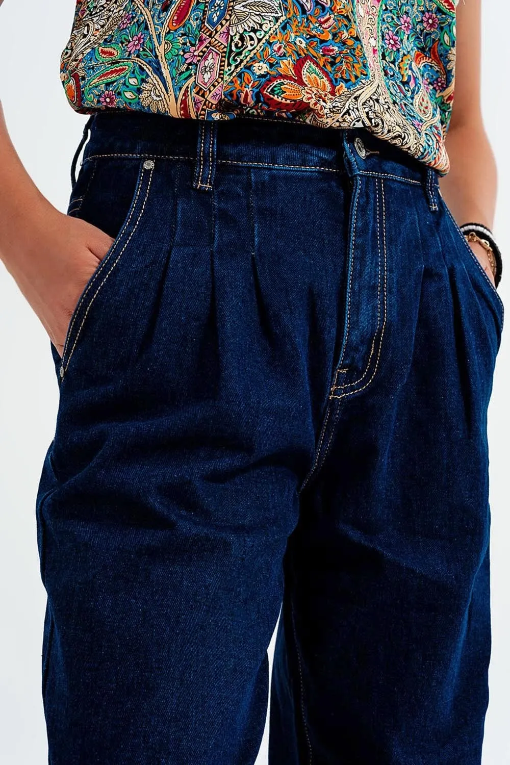 Relaxed Fit Pleat Front Jeans In Dark Blue