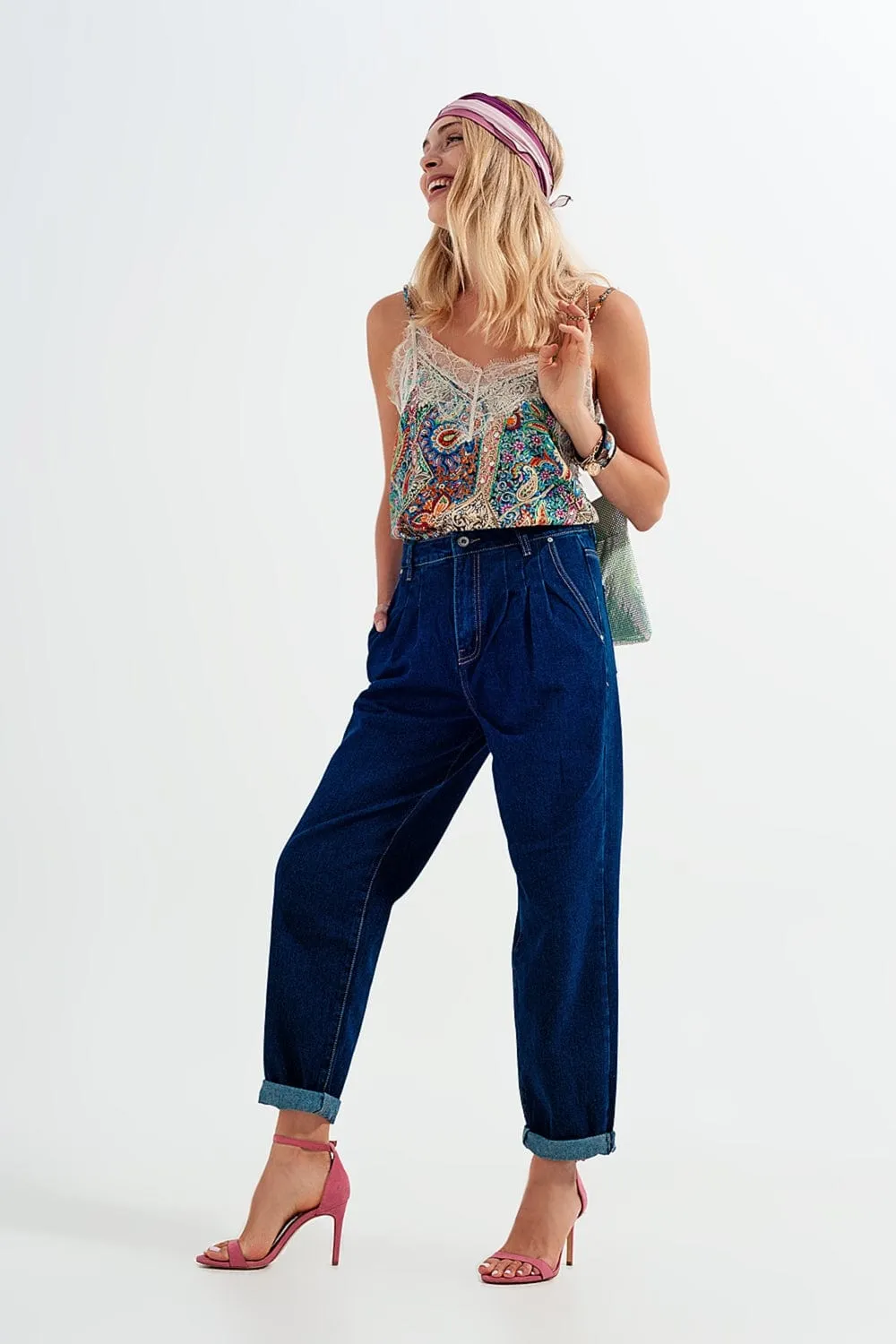 Relaxed Fit Pleat Front Jeans In Dark Blue