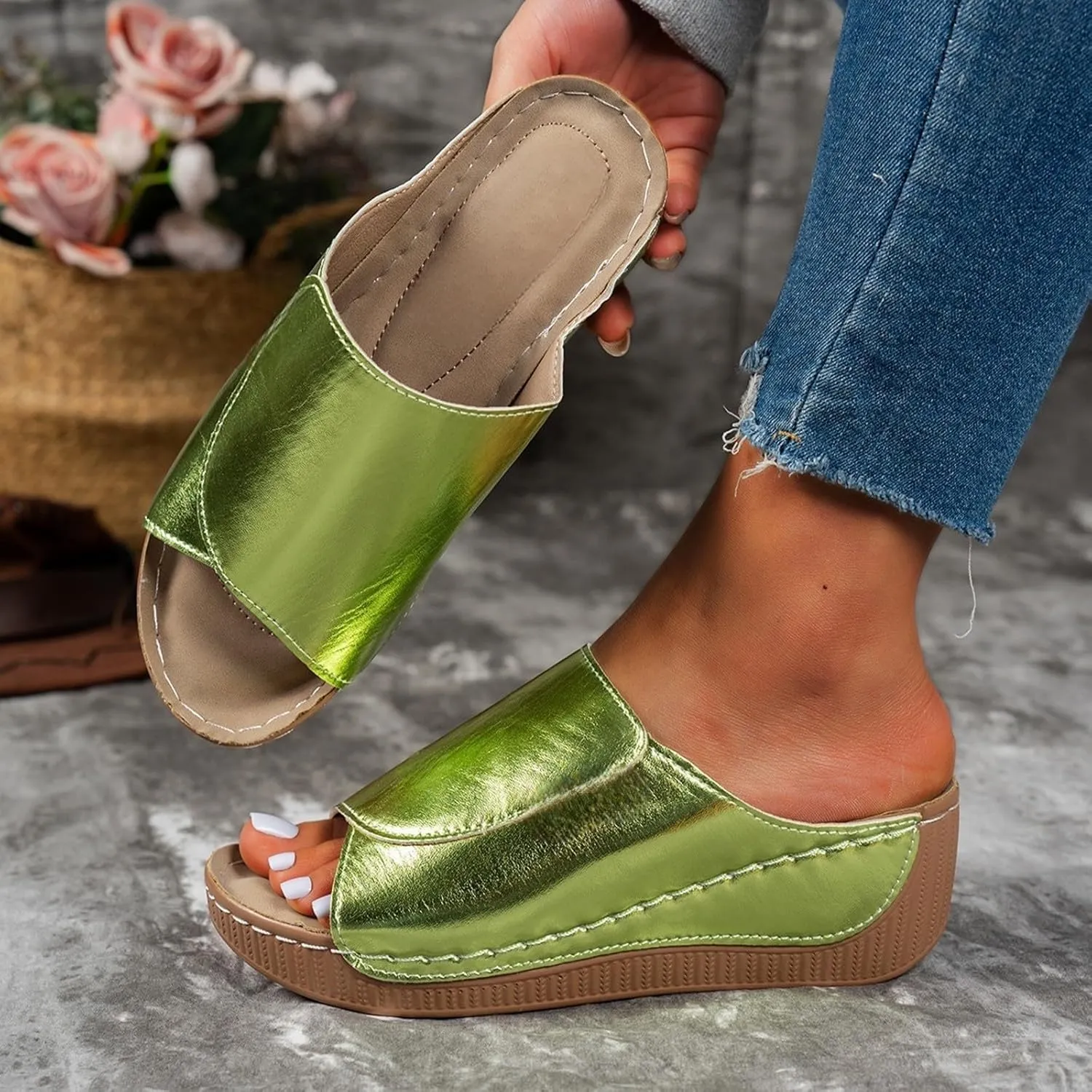 Sandals for Women 2025 Casual Width Wedge Sandals Summer Beach Vacation Breathable Orthopedic Walking Shoes Solid Color Trendy Dress Sandal Platform Slippers Shoes 2025