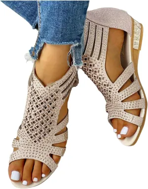Sandals for Women Casual Summer Womens Sandals Low Wedge Heel Peep Toe Wrapped Zipper Beach Diamond Dressy Sandalias Sandals