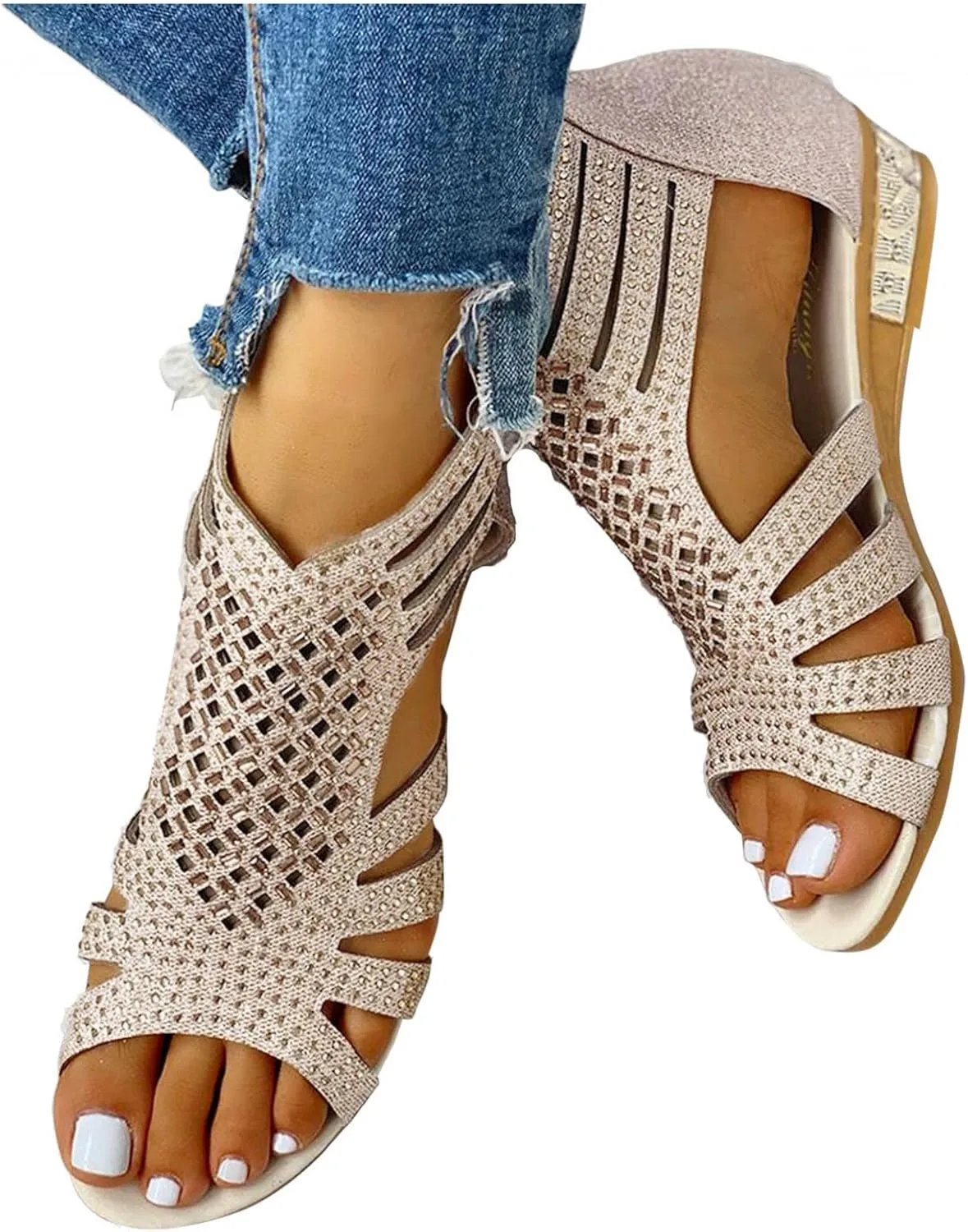 Sandals for Women Casual Summer Womens Sandals Low Wedge Heel Peep Toe Wrapped Zipper Beach Diamond Dressy Sandalias Sandals