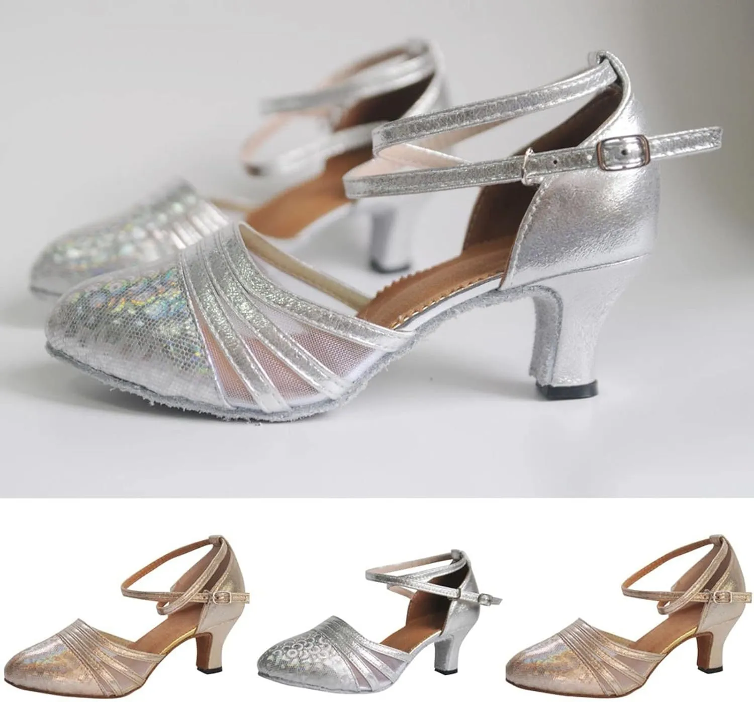 Sandals for Women Latin Dance Shoes Ballroom Tango Mid Heel Party Sequin Bling Sandals Performance Dance Shoes