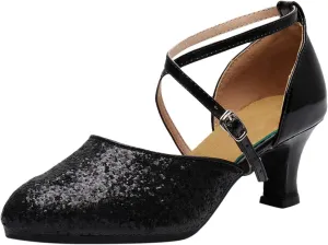 Sandals with Heels Women's Sequined Kitten Heels Closed Toe Latin Dance Shoes PU Leather Practice Ballroom Shoes