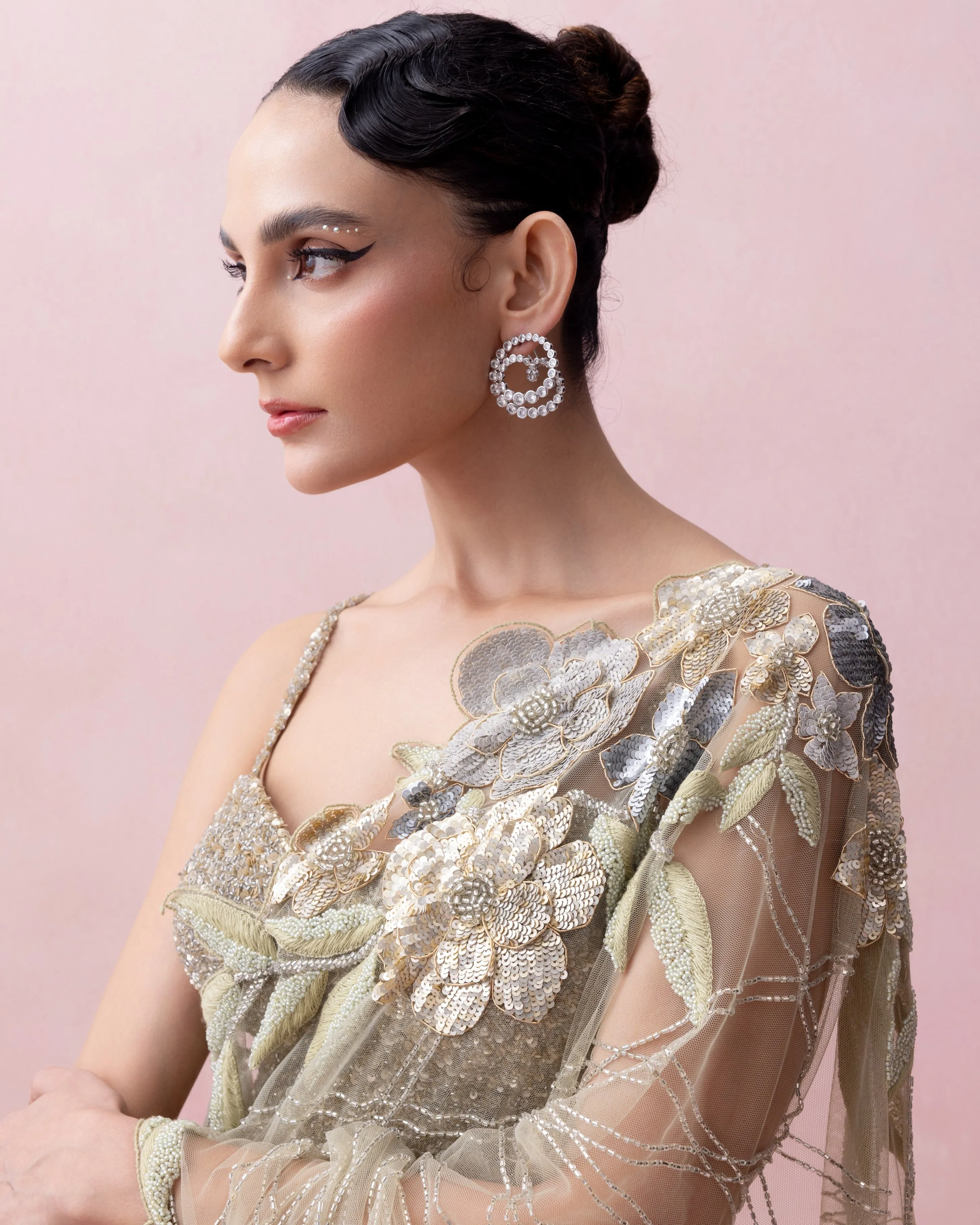 Sea Green Pre-Stitched Sari With Rose Applique And Corset Blouse