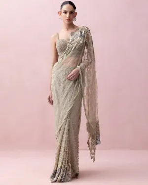 Sea Green Pre-Stitched Sari With Rose Applique And Corset Blouse