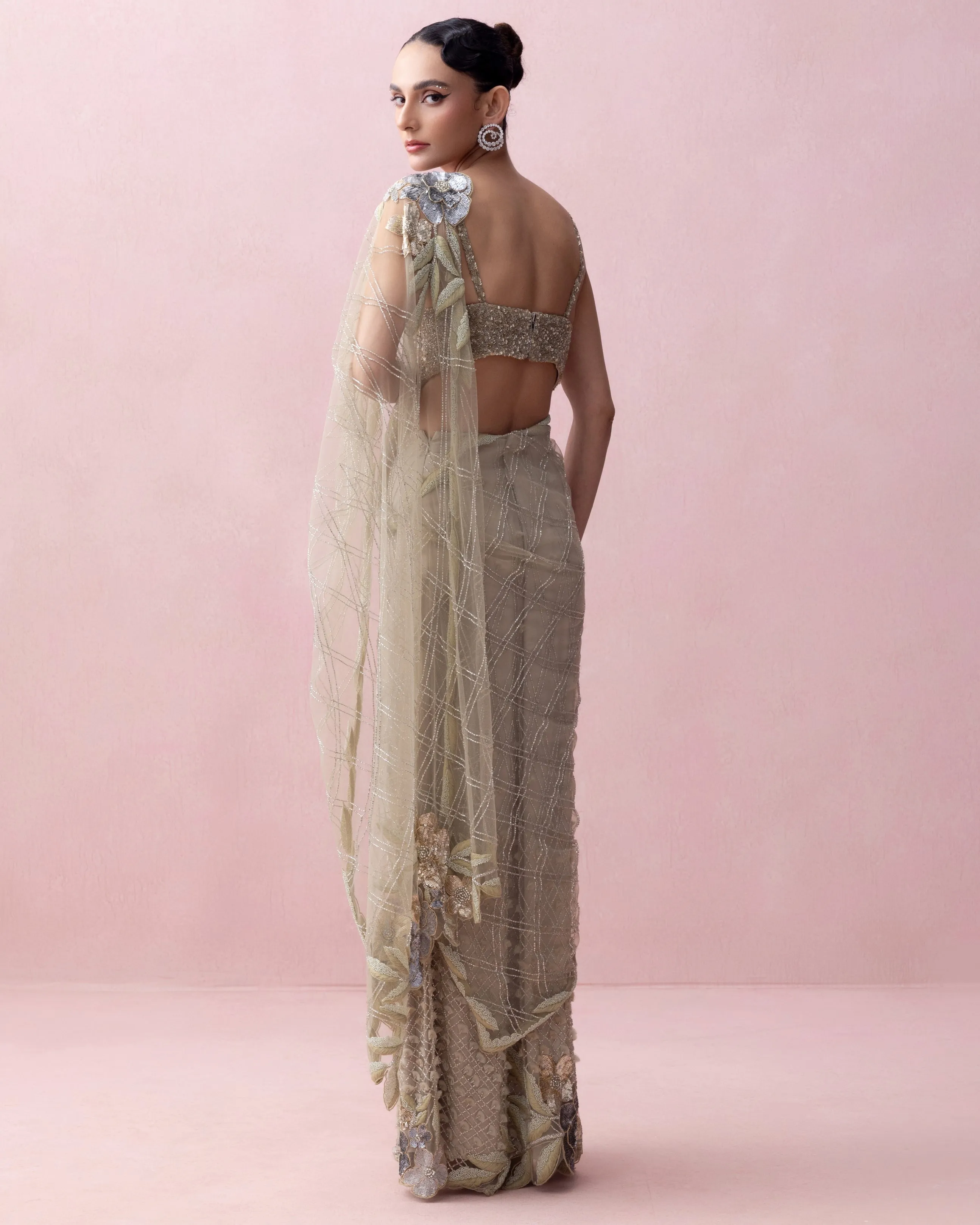 Sea Green Pre-Stitched Sari With Rose Applique And Corset Blouse