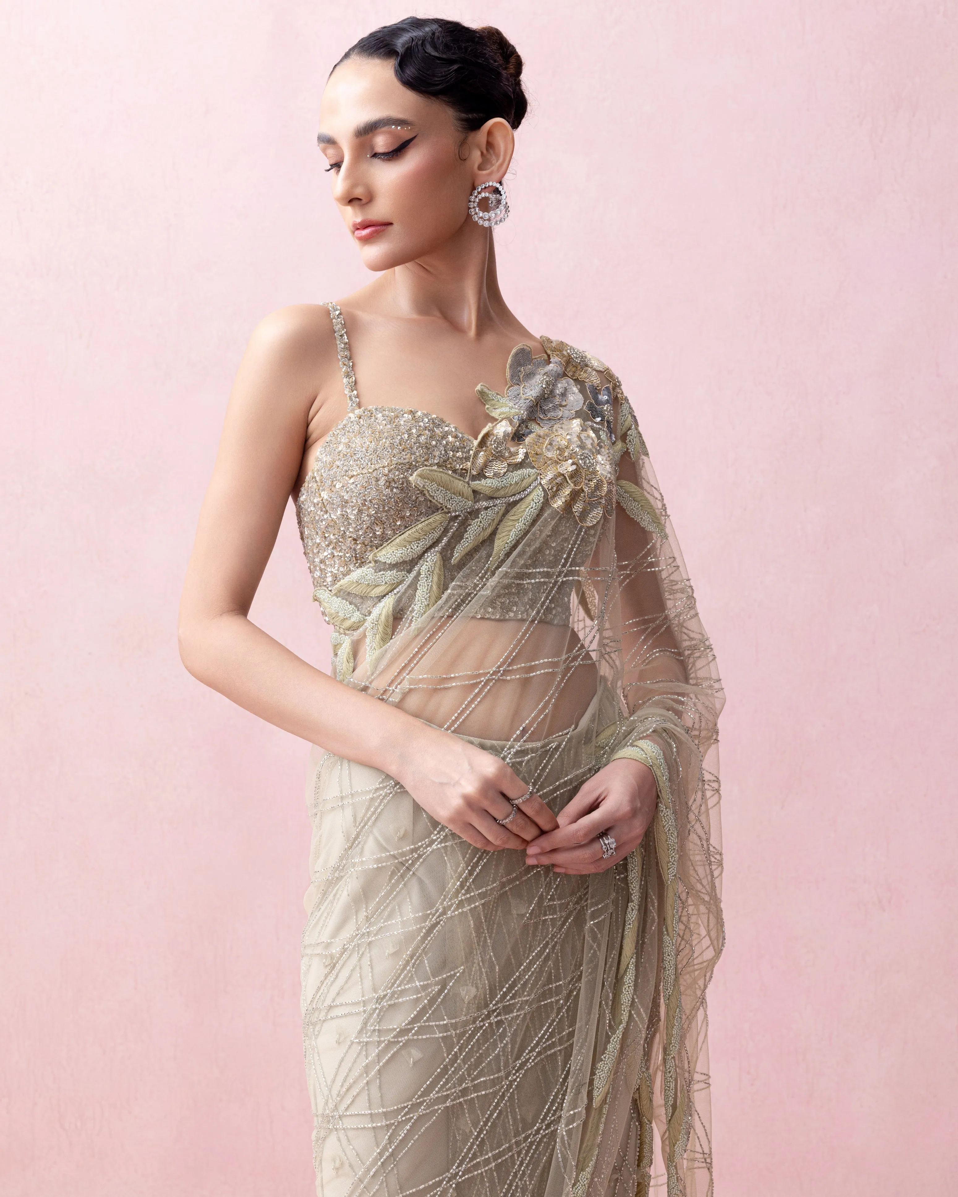 Sea Green Pre-Stitched Sari With Rose Applique And Corset Blouse