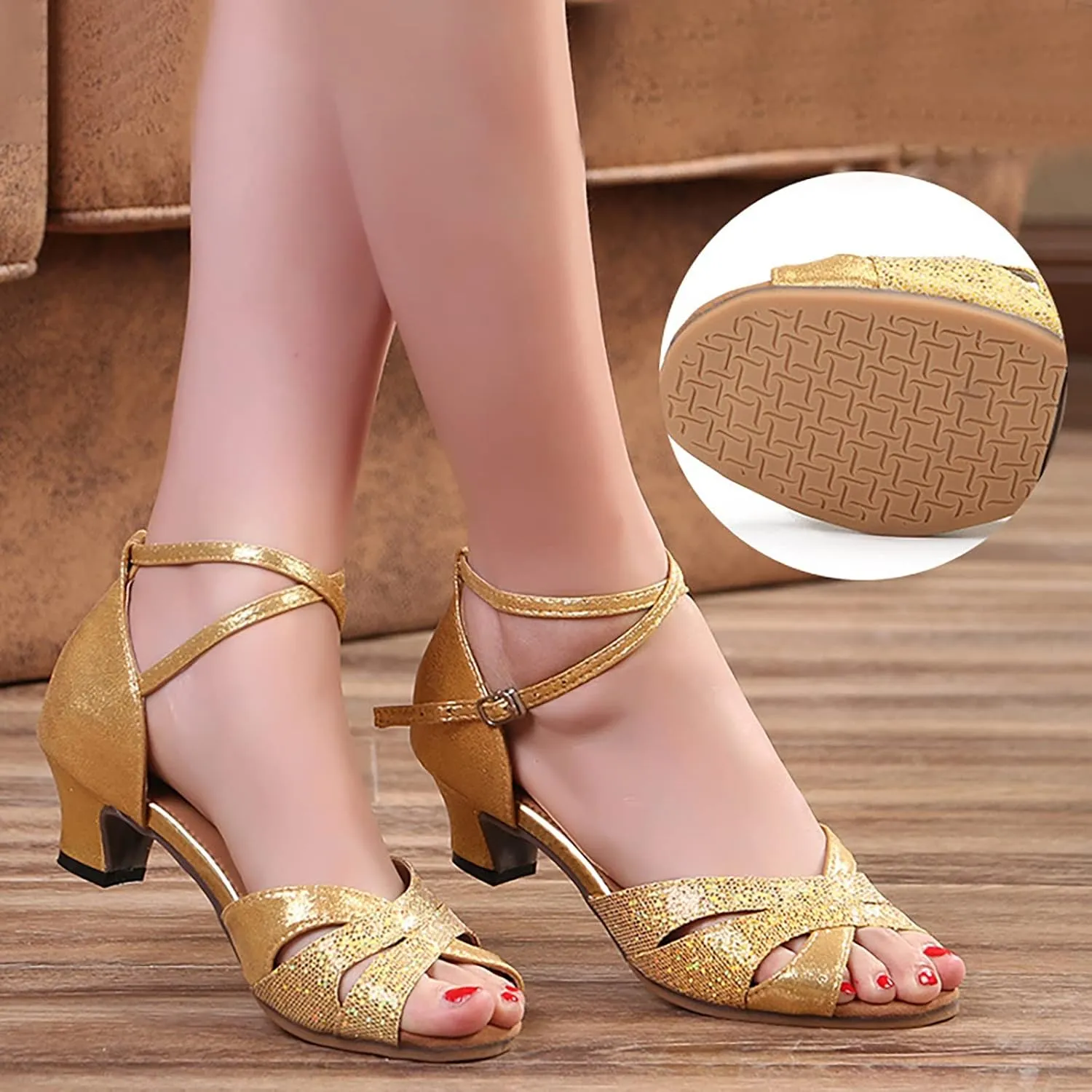 Shoes for Women Ladies Peep Toe Kitten Low Block Ankle Strap Ballet Flats Ballroom Latin Salsa Performance Dance Shoes