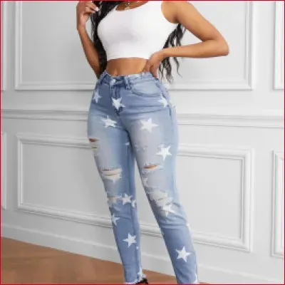 Star-Printed Ripped Details Jeans: Casual-Cool Style