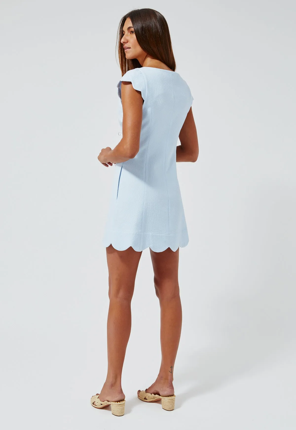 THE SCALLOP DRESS in PALE BLUE SWISS DOT PIQUE COTTON