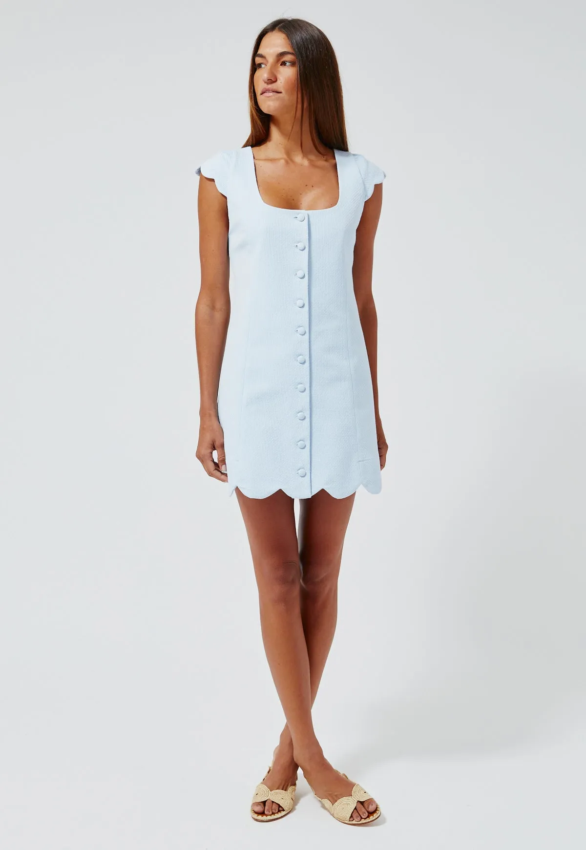 THE SCALLOP DRESS in PALE BLUE SWISS DOT PIQUE COTTON