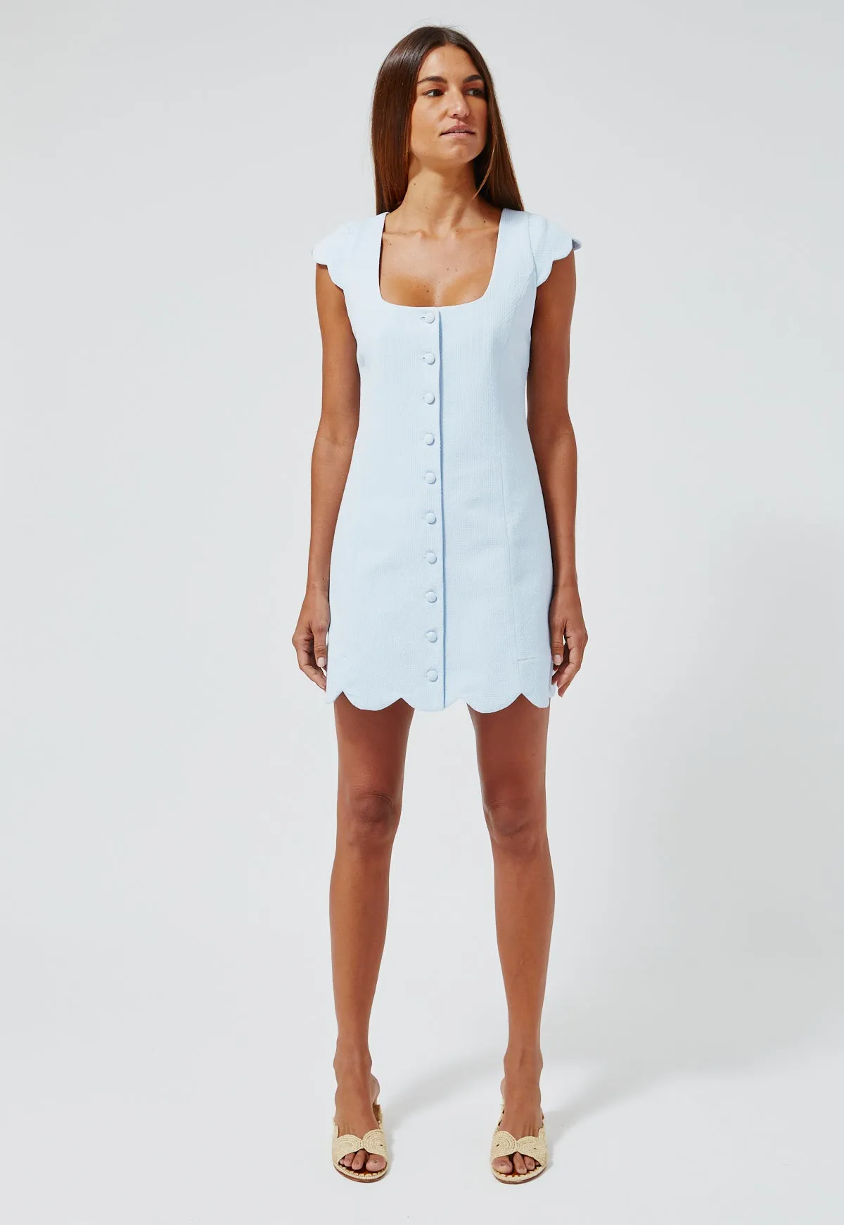 THE SCALLOP DRESS in PALE BLUE SWISS DOT PIQUE COTTON