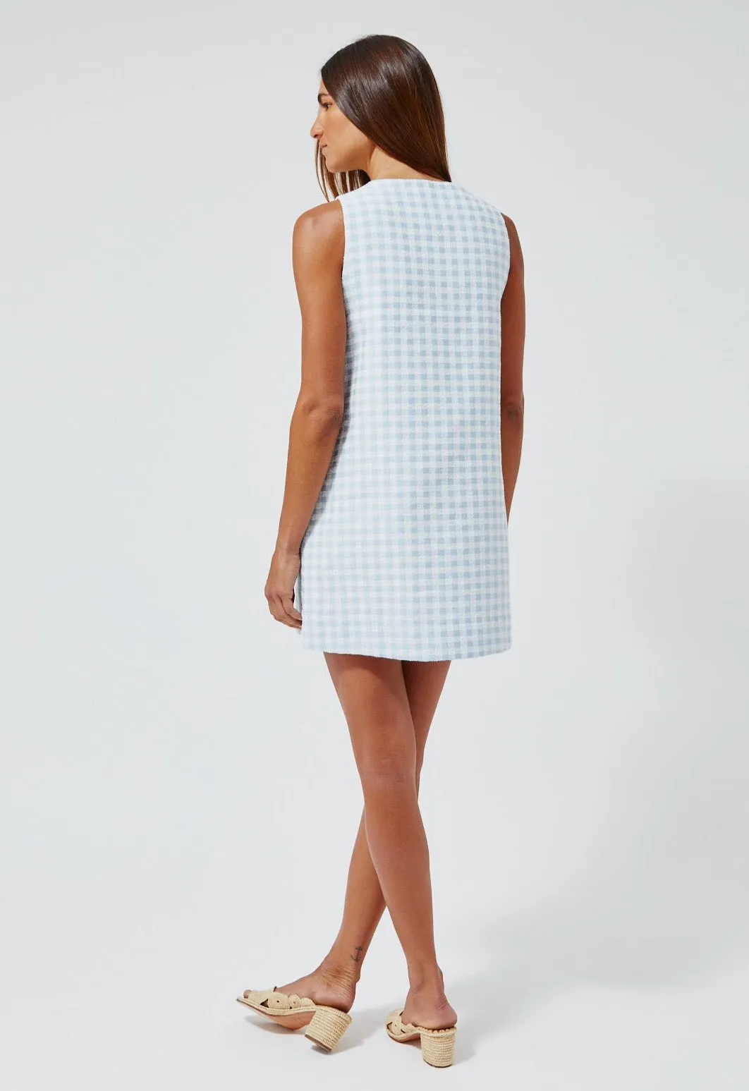 THE SCALLOP MINI DRESS in BLUE GINGHAM BOUCLE COTTON