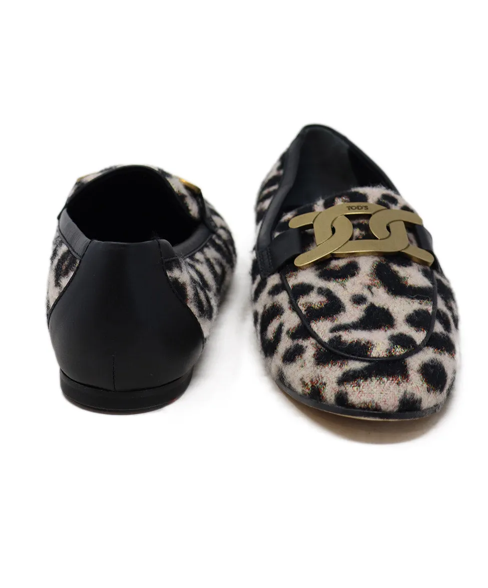 Tod's Black & Pink Animal Print Flannel Flats sz 7.5