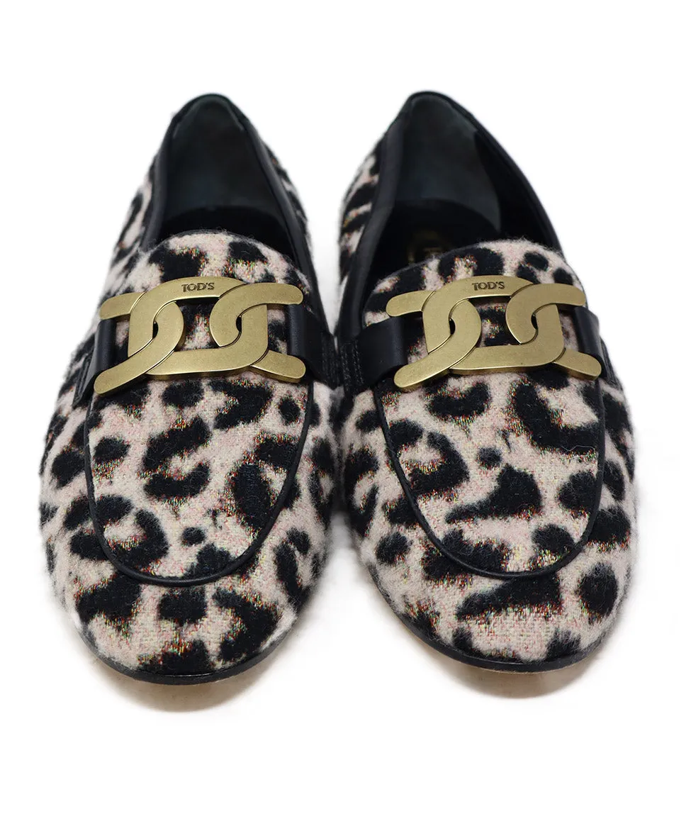 Tod's Black & Pink Animal Print Flannel Flats sz 7.5