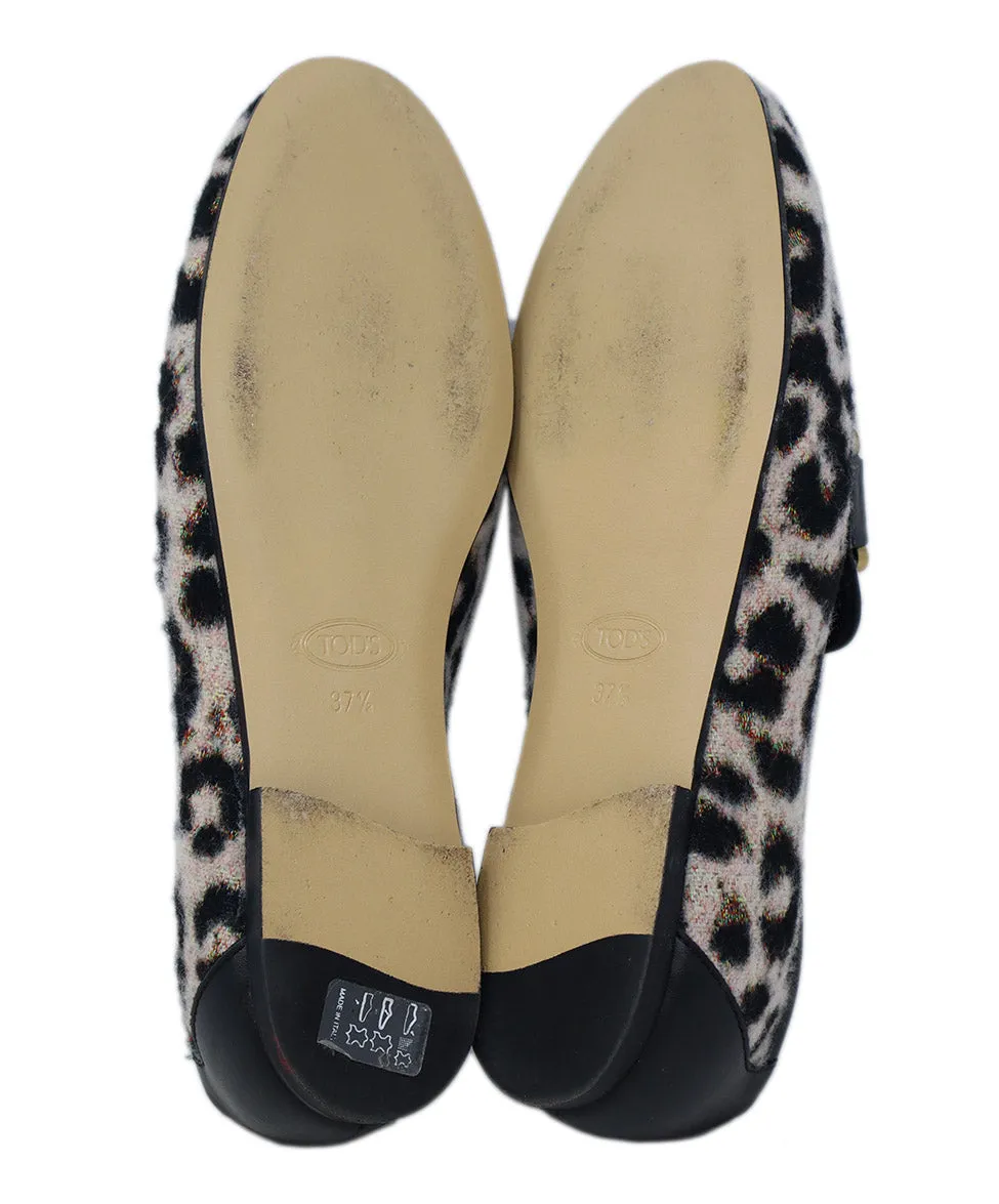 Tod's Black & Pink Animal Print Flannel Flats sz 7.5