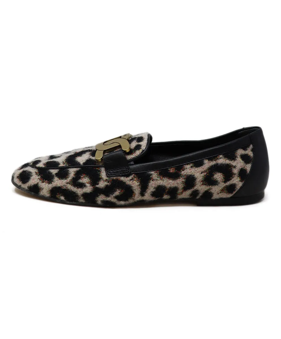 Tod's Black & Pink Animal Print Flannel Flats sz 7.5