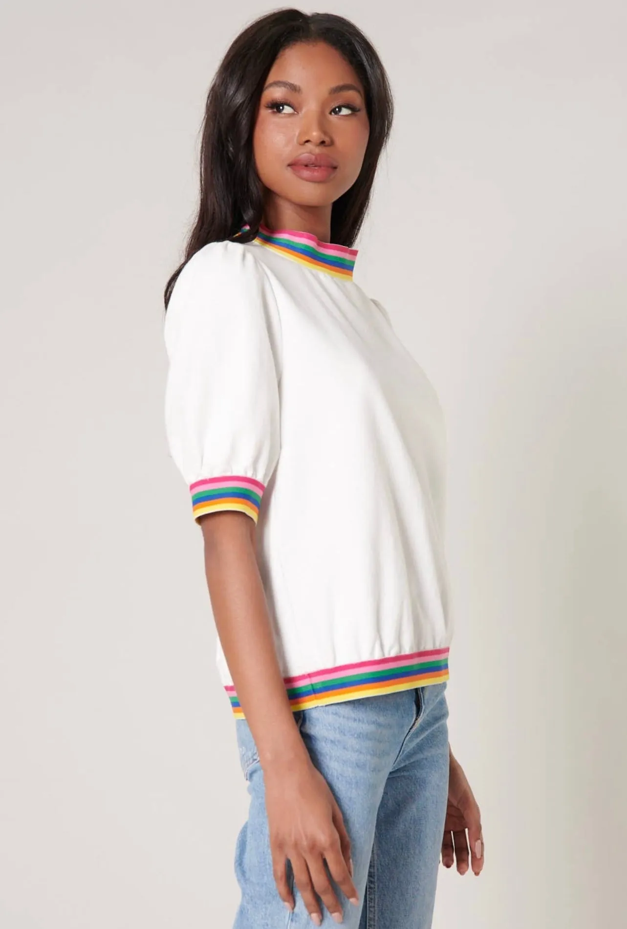 Vivid Dreams Rainbow Trim French Terry Knit Short Sleeve Top