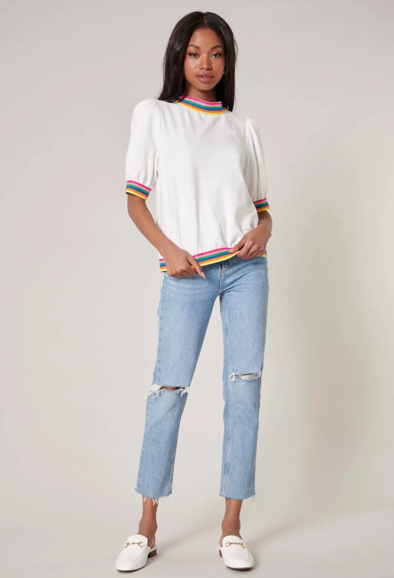 Vivid Dreams Rainbow Trim French Terry Knit Short Sleeve Top