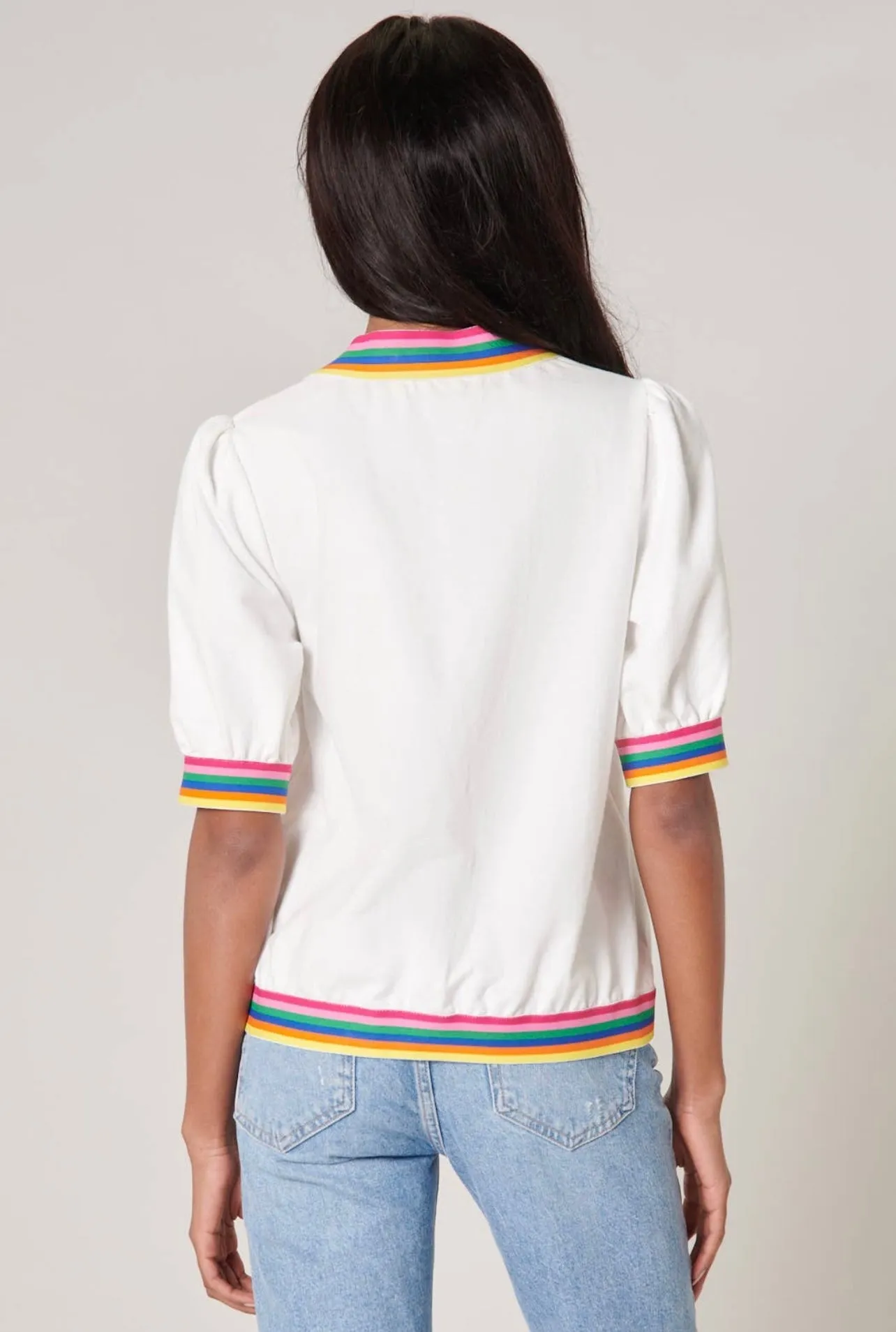 Vivid Dreams Rainbow Trim French Terry Knit Short Sleeve Top