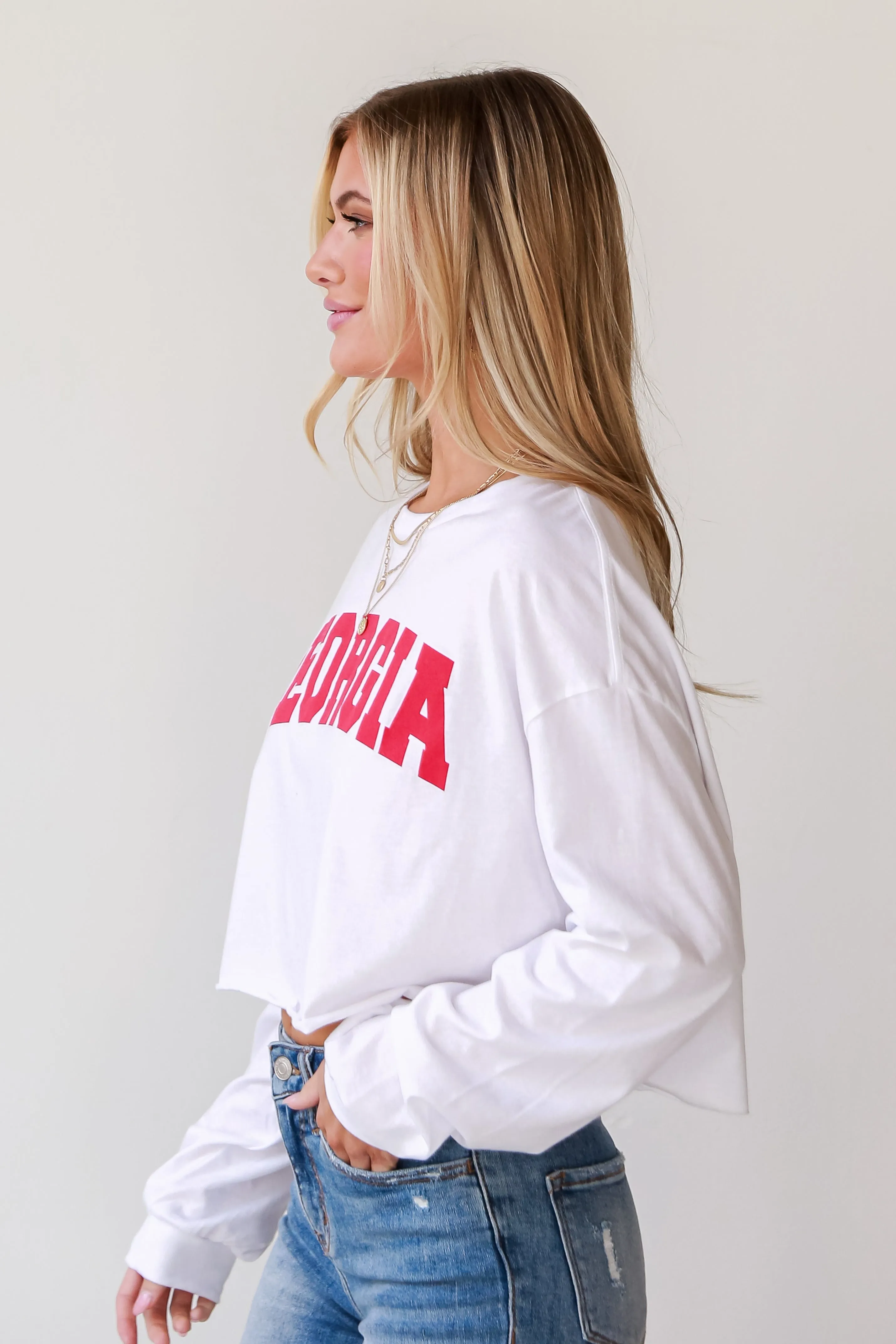 White Georgia Long Sleeve Cropped Tee