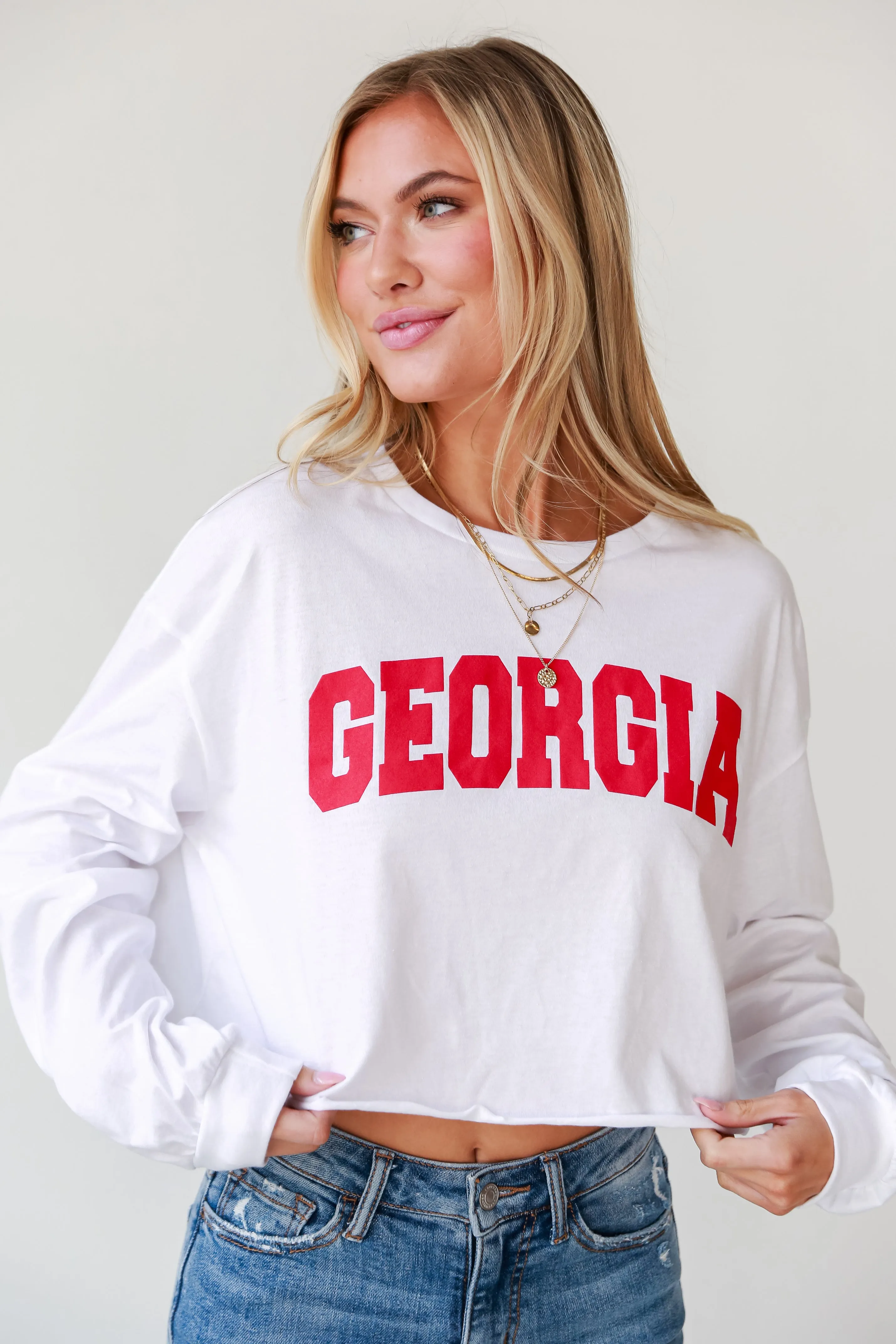 White Georgia Long Sleeve Cropped Tee
