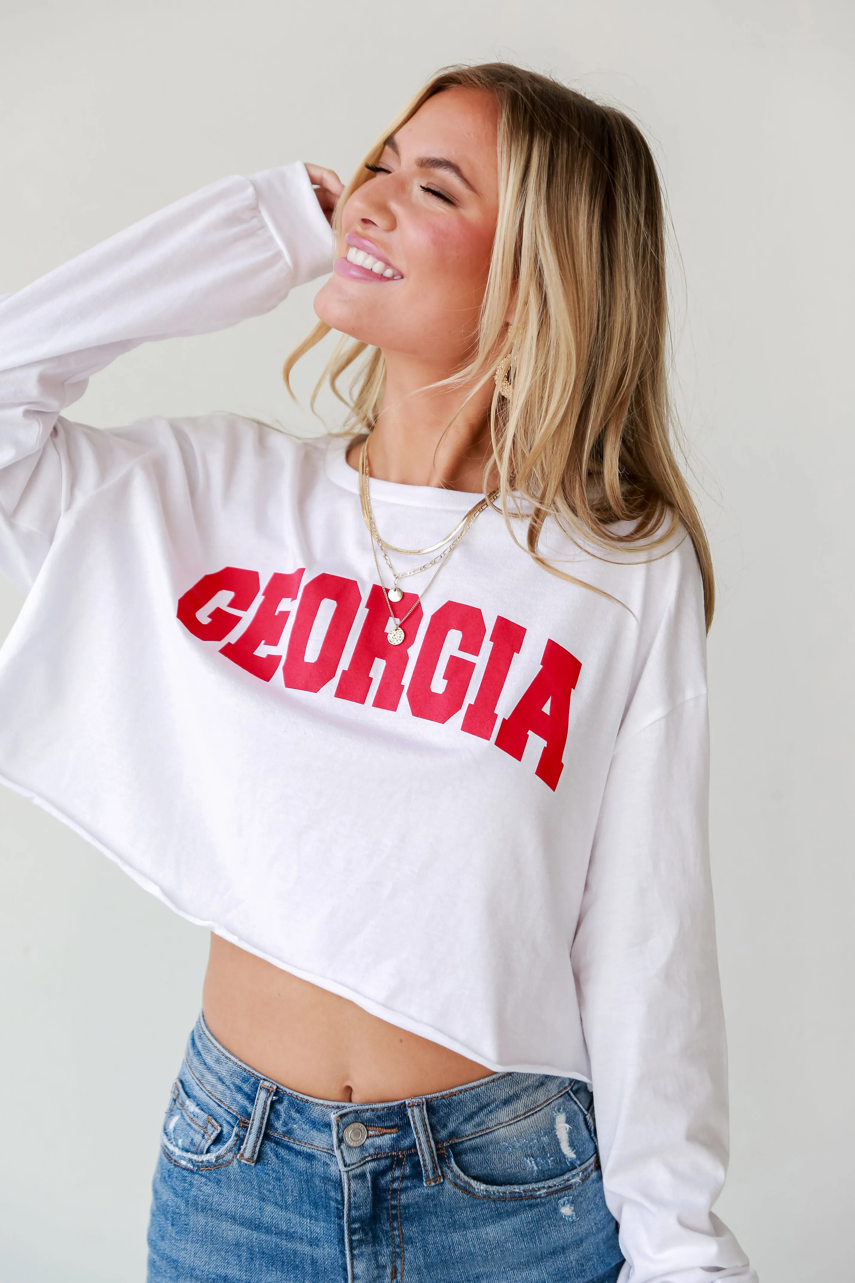 White Georgia Long Sleeve Cropped Tee