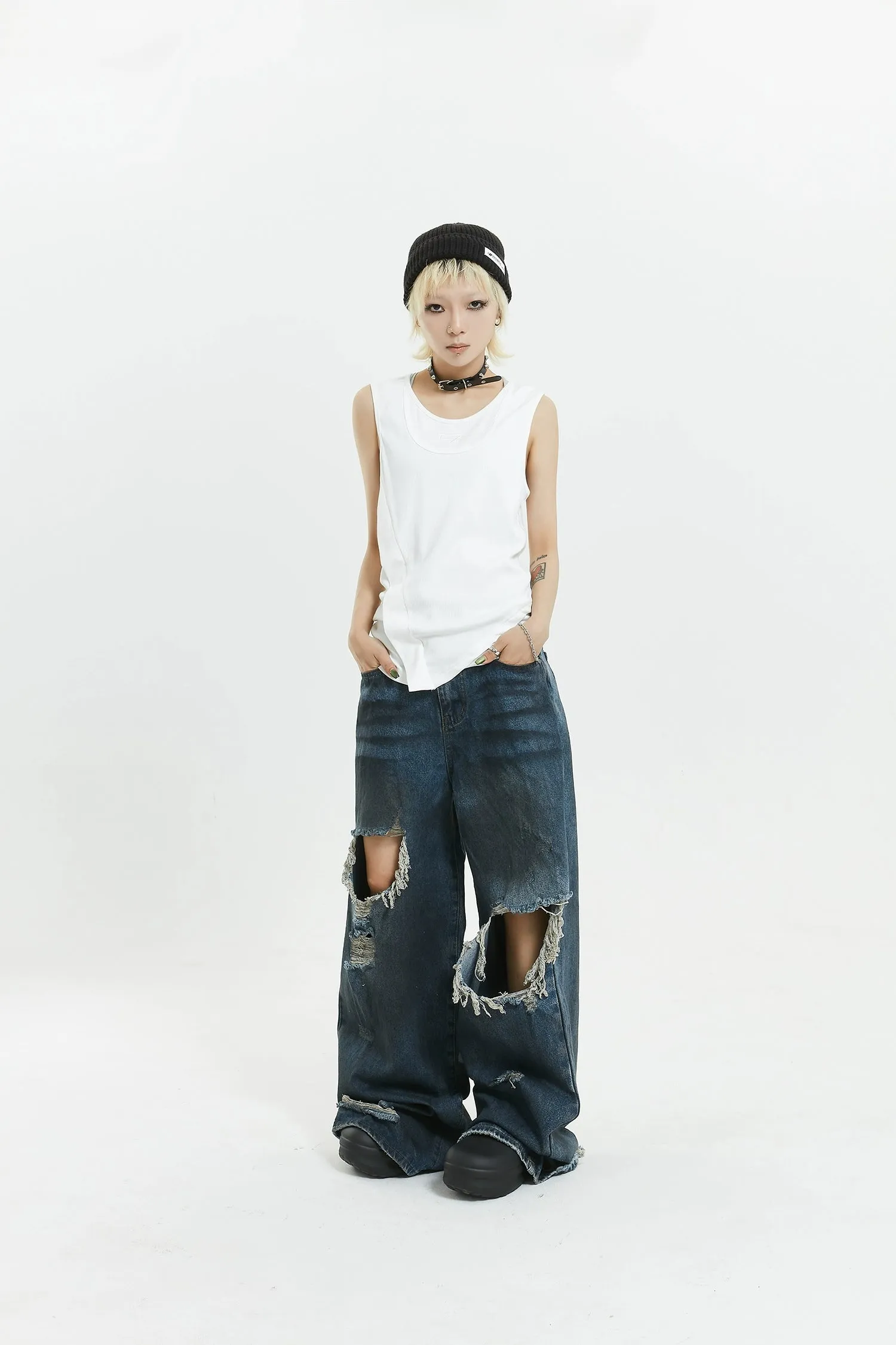 Wide-Leg Distressed Knee-Blown Denim Jeans