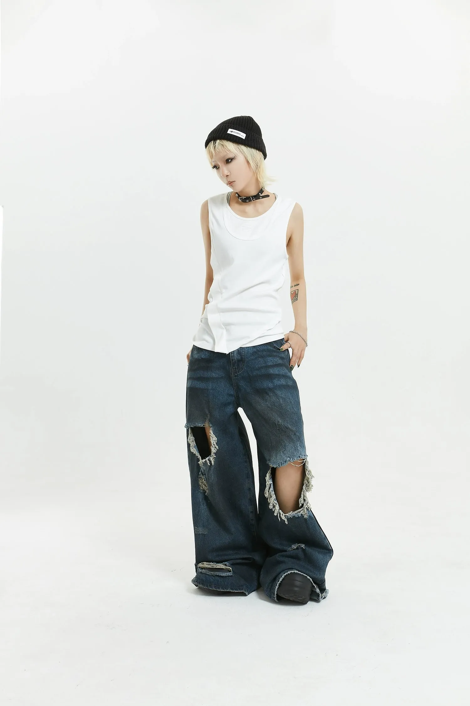 Wide-Leg Distressed Knee-Blown Denim Jeans