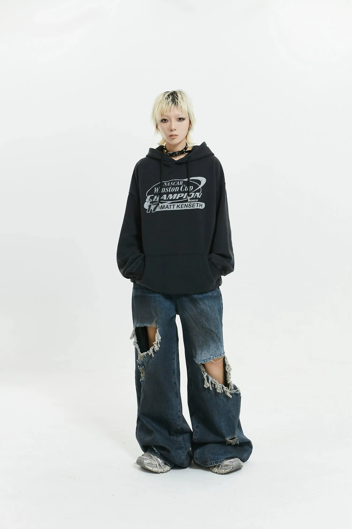 Wide-Leg Distressed Knee-Blown Denim Jeans