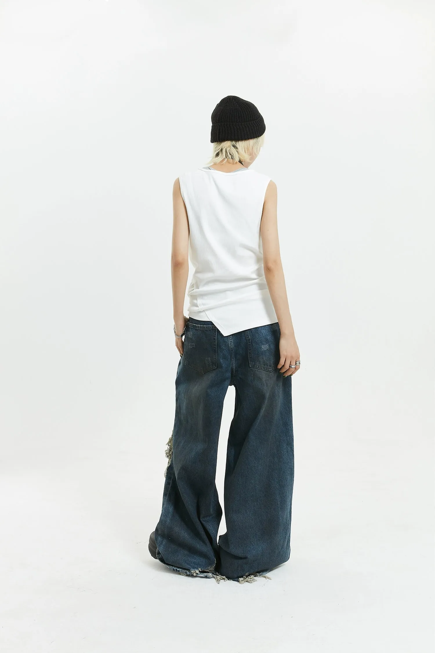Wide-Leg Distressed Knee-Blown Denim Jeans