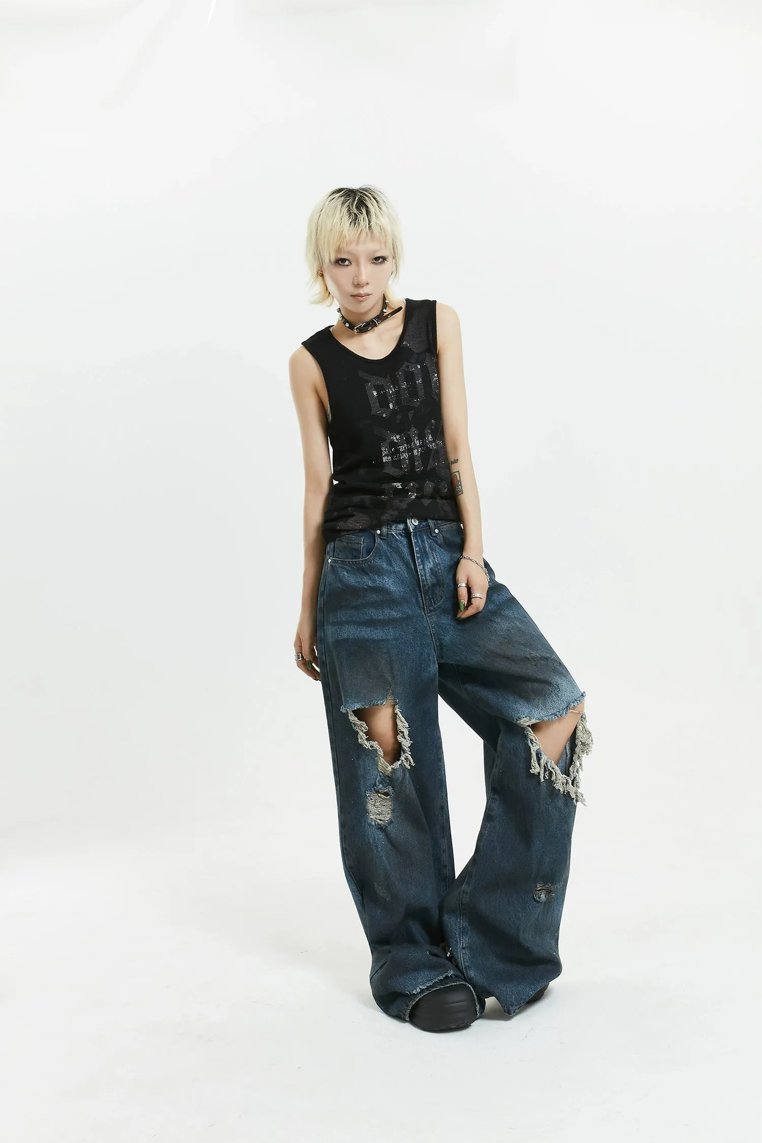 Wide-Leg Distressed Knee-Blown Denim Jeans