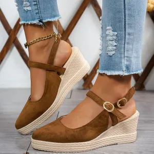 Women Buckle Decor Espadrille Wedge Mary Jane Shoes, Suede Wedge