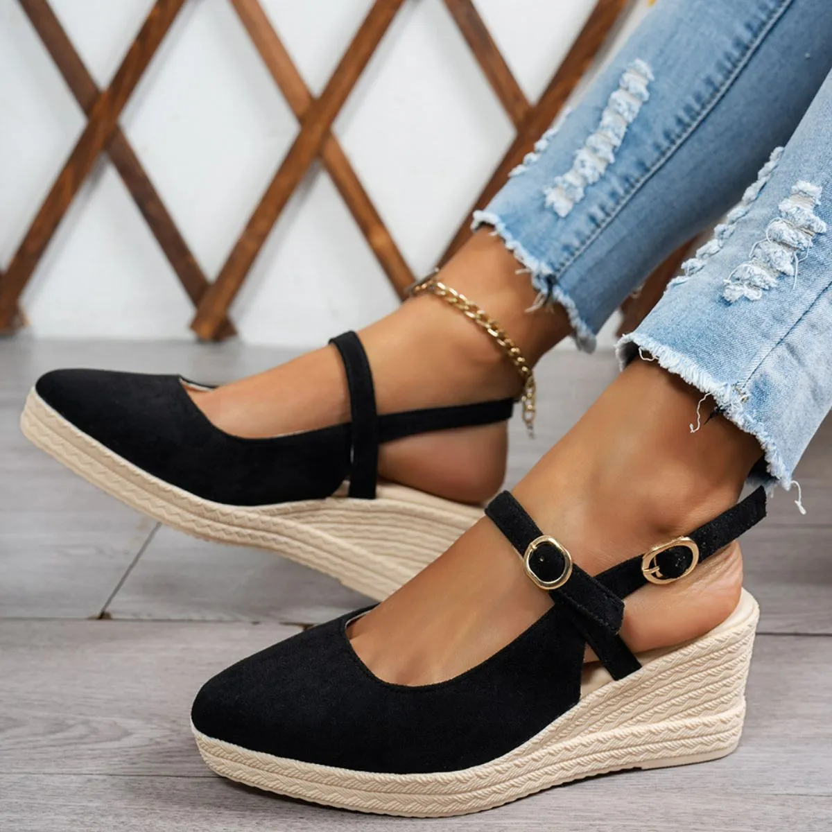 Women Buckle Decor Espadrille Wedge Mary Jane Shoes, Suede Wedge