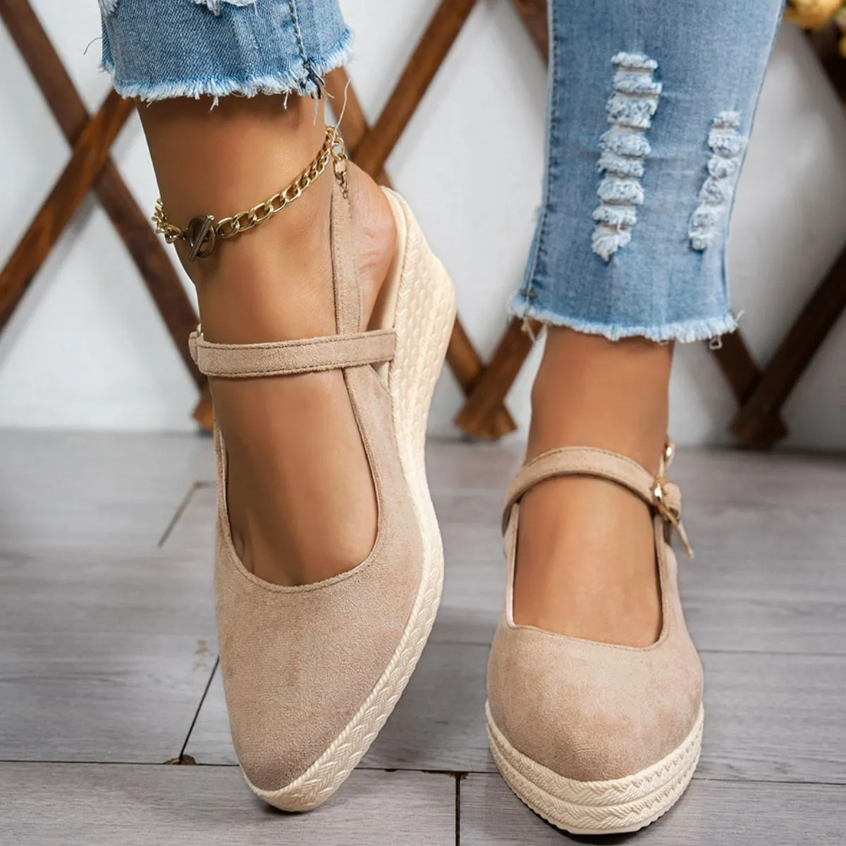 Women Buckle Decor Espadrille Wedge Mary Jane Shoes, Suede Wedge
