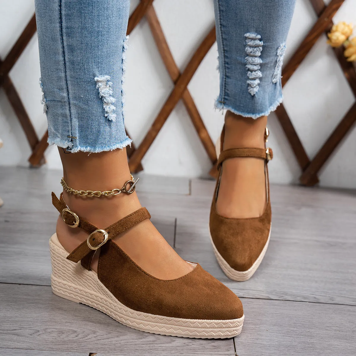 Women Buckle Decor Espadrille Wedge Mary Jane Shoes, Suede Wedge