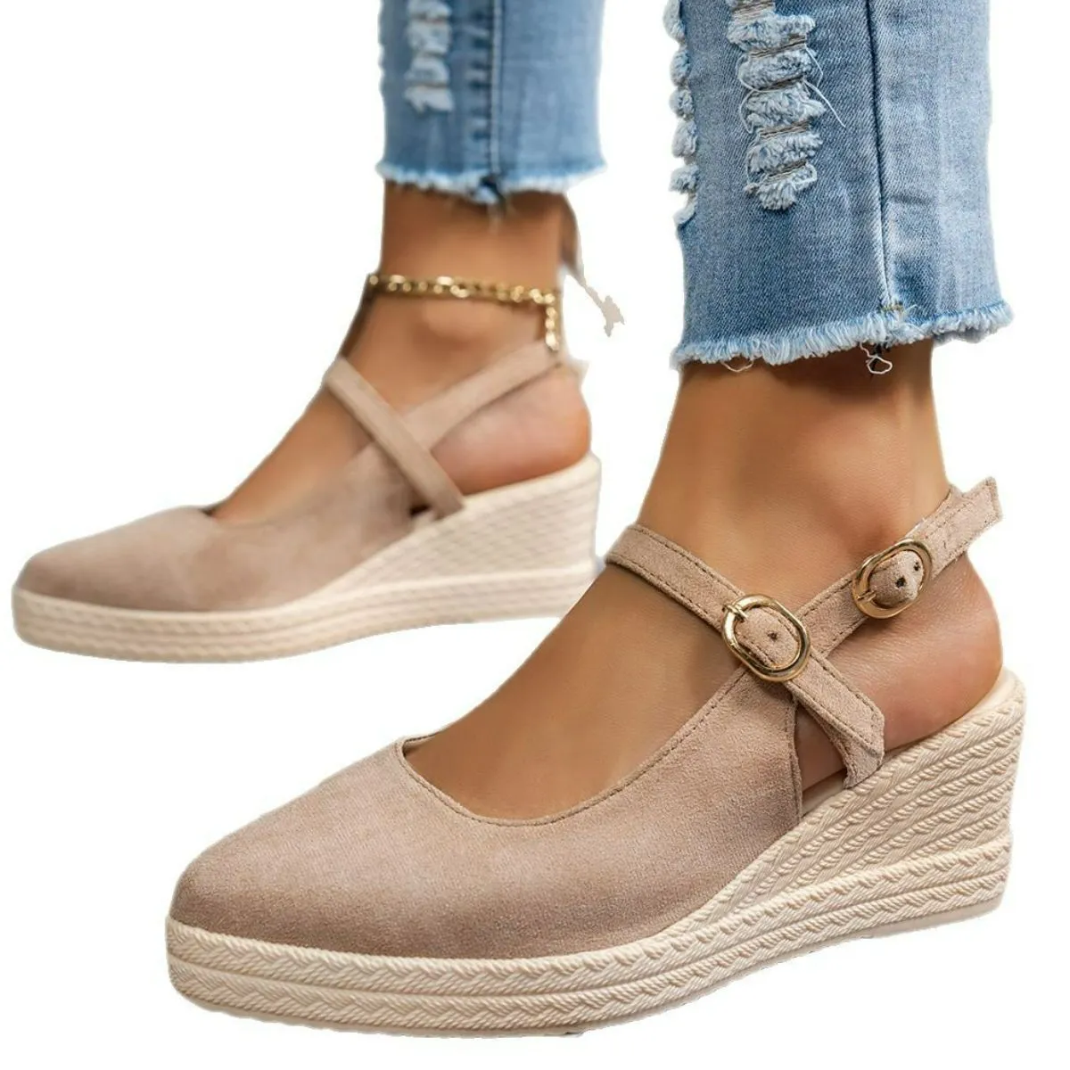 Women Buckle Decor Espadrille Wedge Mary Jane Shoes, Suede Wedge