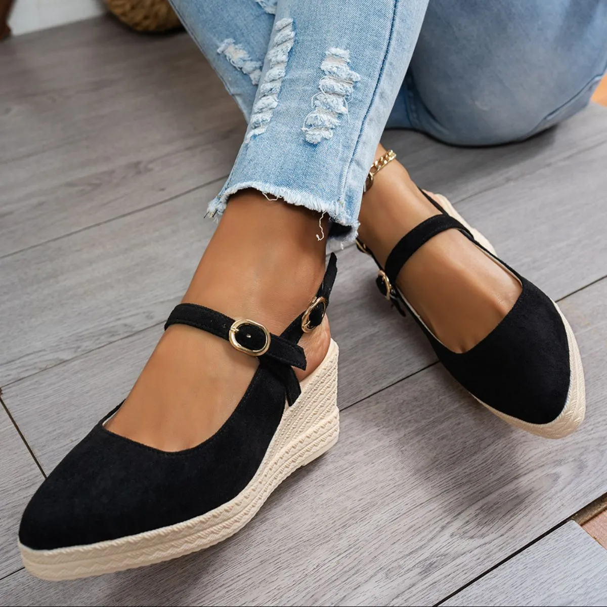 Women Buckle Decor Espadrille Wedge Mary Jane Shoes, Suede Wedge