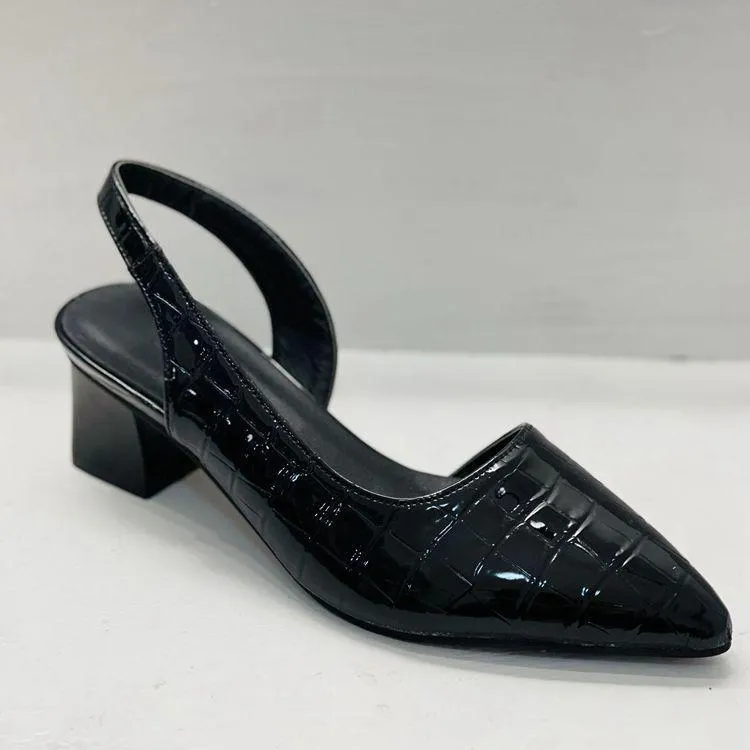 Women elegant pointed toe side cut slingback chunky heels