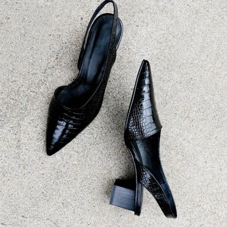 Women elegant pointed toe side cut slingback chunky heels