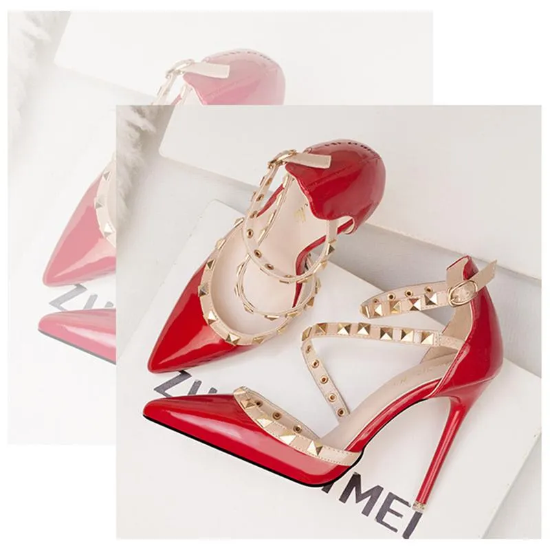 Women Pointed Toe Strappy Hollow Studded Heels