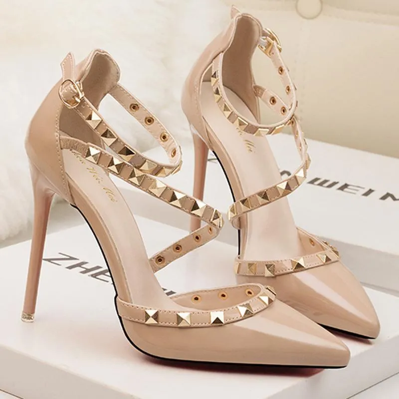 Women Pointed Toe Strappy Hollow Studded Heels