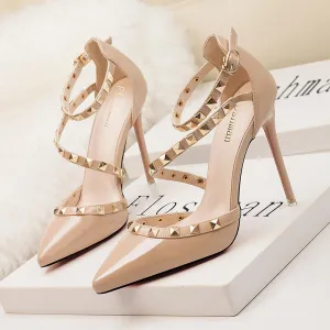 Women Pointed Toe Strappy Hollow Studded Heels