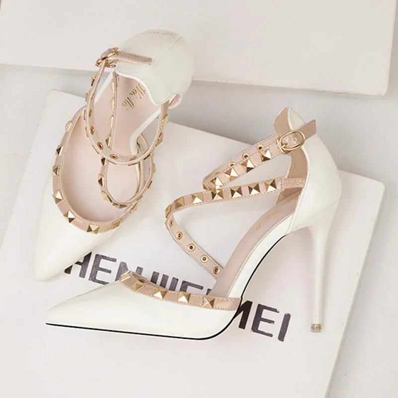 Women Pointed Toe Strappy Hollow Studded Heels