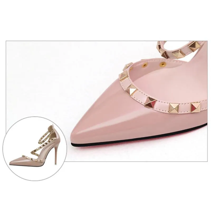 Women Pointed Toe Strappy Hollow Studded Heels