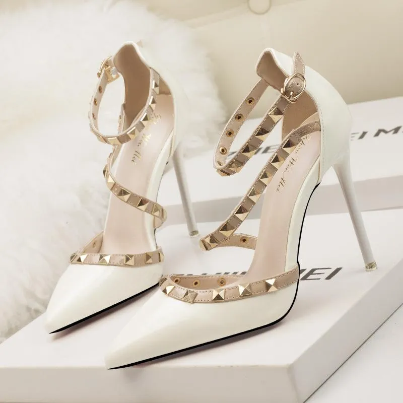 Women Pointed Toe Strappy Hollow Studded Heels