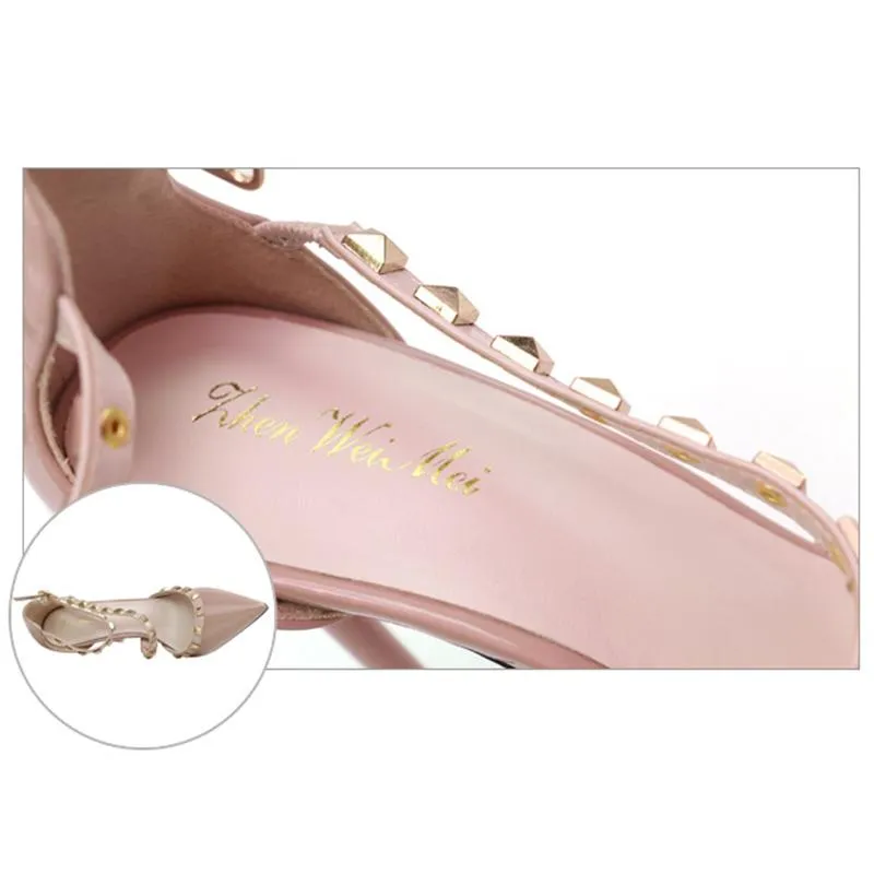 Women Pointed Toe Strappy Hollow Studded Heels