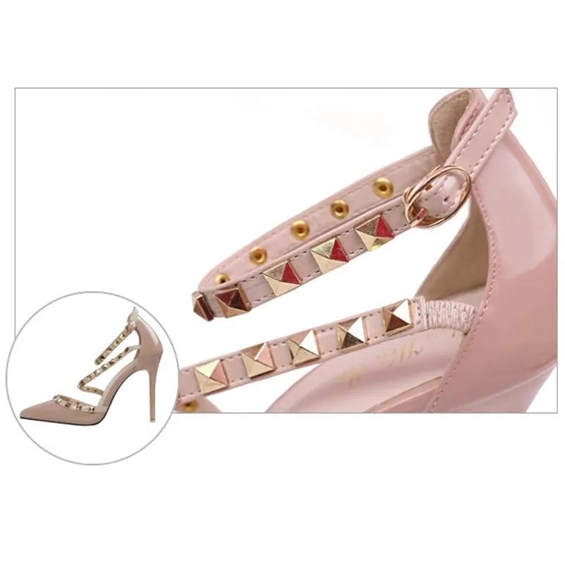 Women Pointed Toe Strappy Hollow Studded Heels